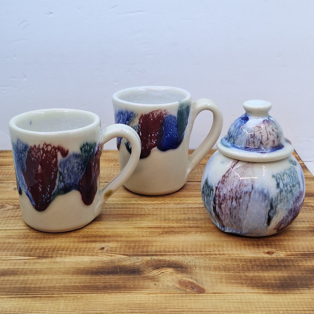 Handmade DK Pottery Blue Red Drip Glaze 2 Mugs And Sugar Container Signed Set